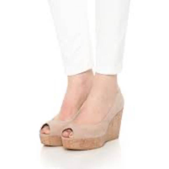 Stuart Weitzman; Anna Peep Toe Platform Wedge, Beige Suede, 8.5  $445 Retail - Picture 1 of 9